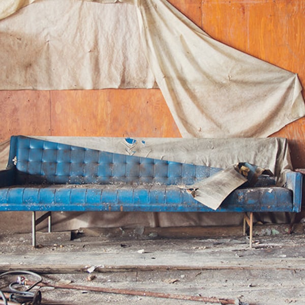 Vintage Blue Couch Photography, Still Life Architecture Photograph, Urban Decay Photography, Abandoned Sewing Factory, Bright Blue Wood