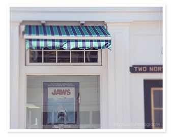 Jaws Poster Photography, Movie Poster Storefront, Martha's Vineyard Photograph, Charming Architecture Nostalgic, Summer Sea Blue Stripe