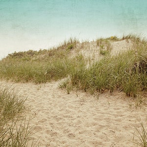 May include: A sandy beach scene with a path leading towards a grassy dune under a pale blue sky. The foreground features a sandy path with tufts of green grass on either side. The dune is covered in more green grass and small plants.