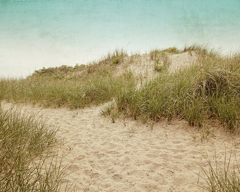 May include: A sandy beach scene with a path leading towards a grassy dune under a pale blue sky. The foreground features a sandy path with tufts of green grass on either side. The dune is covered in more green grass and small plants.