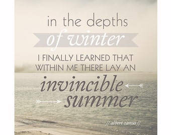 Invincible Summer Quote Print, Beach Ocean Photography, 8x10, Typography Print, Albert Camus Quote, Modern Minimalist Decor, Literary