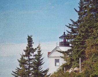 Lighthouse Photography, Maine Coastal Decor, Seaside wall art, Nautical New England Coast, Bass Harbor Head Light, Forest Green, Fine Art