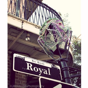 Mardi Gras Beads Photograph, New Orleans Rue Royal, French Quarter Photography, Street Sign, Vacation, Vintage Style, Purple Gray image 1