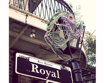 Mardi Gras Beads Photograph, New Orleans Rue Royal, French Quarter Photography, Street Sign, Vacation, Vintage Style, Purple Gray