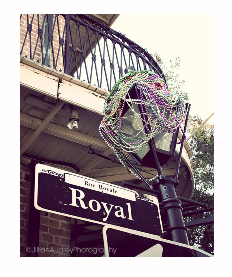 Mardi Gras Beads Photograph, New Orleans Rue Royal, French Quarter Photography, Street Sign, Vacation, Vintage Style, Purple Gray image 1
