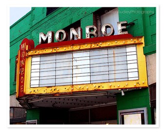 Urban Decay Photography, Movie Theater, Monroe Theater, Rochester Photography, Neon Lights, Retro Vintage Abandoned Cinema, red yellow green