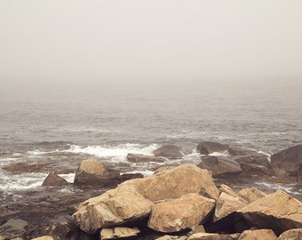 Beach photography, Minimal Modern , Ocean Landscape Photograph, Soft Gray Fog, Gray Beach, North Shore, Rocky Landscape, New England