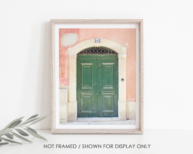 May include: A green wooden door with a metal grate and a peach-coloured building behind it.