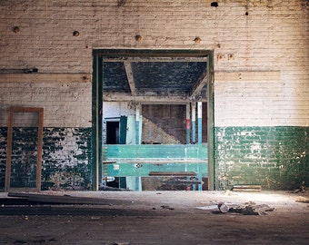 Architecture, Geometric Abstract, Urban Decay Photography, Photograph Print, Teal Green Cream White, Abandoned Scranton Lace Factory, Urbex