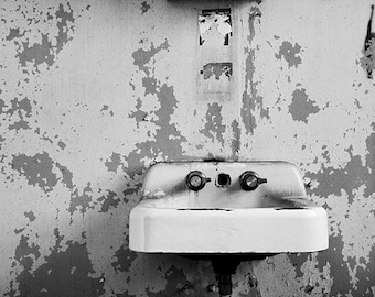 Black and White Decay Photography, Bathroom Art, Abandoned Forgotten Place, Sink Photograph, Peeling Paint, Dark Moody Haunted, Bath Decor