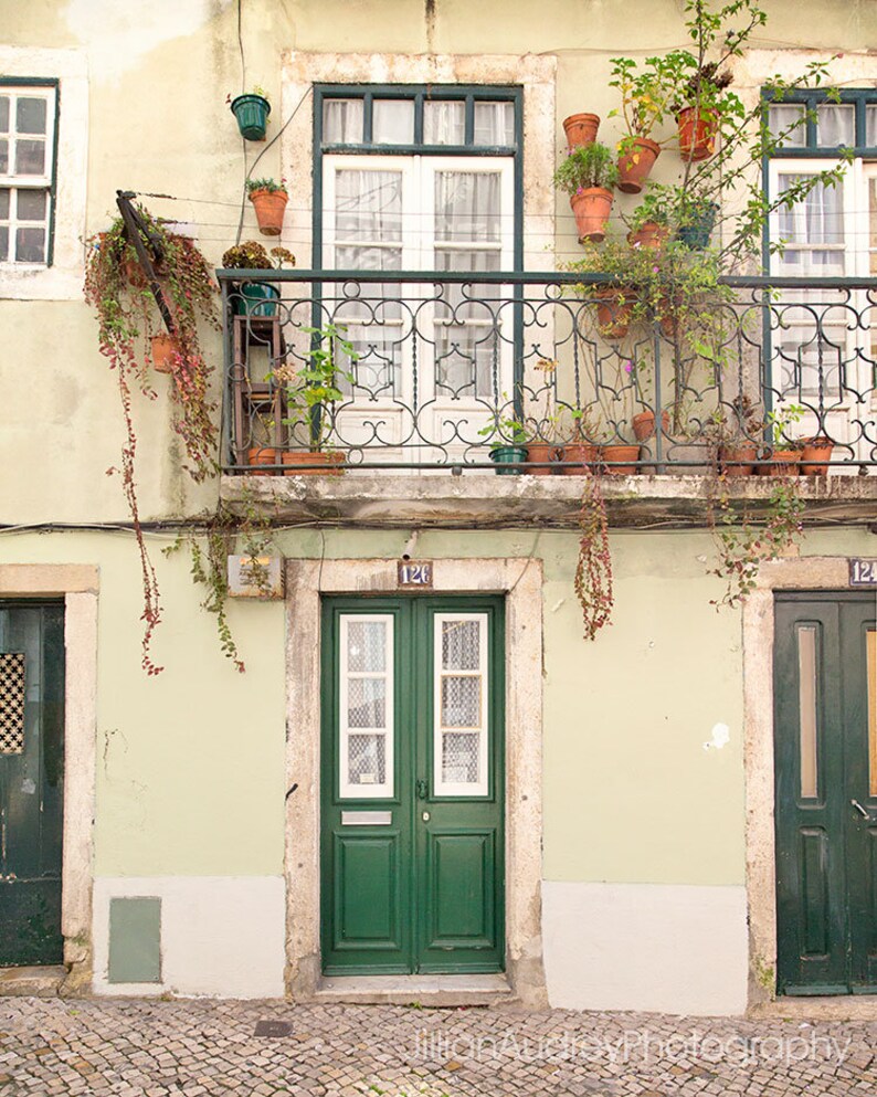 May include: A green double door with white trim and a white paneled window on each side. The door is on a building with a balcony with a wrought iron railing and potted plants.