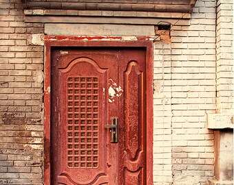 Door Photography, Rustic Decor, Red Door Photograph, Beijing China, architecture photography, urban city street, autumn art, travel photo