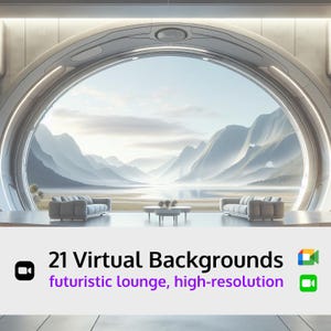 Puede incluir: 21 fondos virtuales salón futurista, alta resolución. Un salón futurista con una gran ventana circular con vistas a una cordillera y un lago. Dos sofás blancos se enfrentan con una mesa de centro entre ellos.