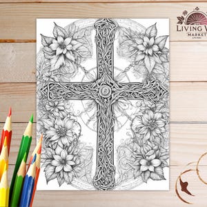 Op de afbeelding: Zwart-wit lijntekening van een kruis met bloemen- en wijnstokdetails. Het kruis is gecentreerd op een witte achtergrond, omringd door bloemen. Het logo van Living Vine Market staat in de rechterbovenhoek.