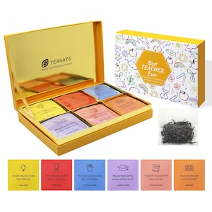 May include: A yellow gift box with a lid open, revealing six tea bags in individual compartments. The box is decorated with the words "TEASAYS" and "BREW YOUR PERSONAL MOMENT". The lid of the box has a colorful design with the words "Best Teacher Ever". The tea bags are labeled with different tea flavors and inspirational messages for teachers.