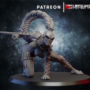 Op de afbeelding: Een grijs miniatuurfiguur van een gemaskerde krijger in een gehurkte houding, met een lange gevlochten paardenstaart bekroond met een schedel, gepunte armbeschermers en een scherp mes aan de rechterhand. De tekst PATREON SHAMAK is zichtbaar.
