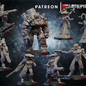 May include: A collection of seven grey unpainted resin gaming miniatures featuring sci-fi characters, including a large armored mech, soldiers with rifles, and figures with mechanical appendages, all standing on circular black bases with Patreon branding.