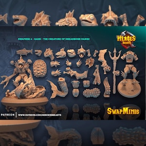 Könnte beinhalten: Eine Sammlung beigefarbener, unbemalter Miniatur-Kunststoffteile für eine Kreaturenfigur mit der Aufschrift SWAPMINI 4 - GAHK - THE CREATURE OF DREADBONE MARSH. Das Set enthält verschiedene austauschbare Köpfe, Gliedmaßen, Waffen und eine Basis.