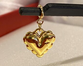 18K Solid Gold Puffy Heart Charm – Yellow Gold Pendant with Spring Ring Clasp for Necklace or Earring
