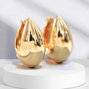 18K Solid Yellow Gold Teardrop Hoop Earrings | Lightweight Hollow Triangle Hoops | Italian Gold Jewelry in Small Medium Size