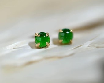 Pendientes de oro amarillo macizo de 18 quilates con auténtico jade verde, pendientes de cabujones de jadeíta natural de grado A, jade auténtico de alta calidad, regalo para ella.