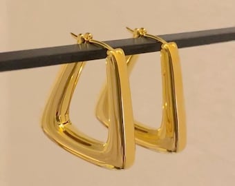 18K Solid Yellow Gold Geometric Hoop Earrings – Square, Rectangle, Triangle Shapes | Italian Hollow Gold Statement Jewelry