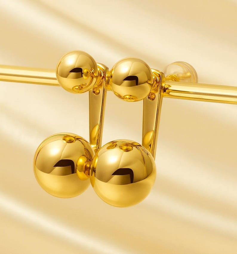 Aretes de bola doble de oro amarillo macizo de 18 quilates | Aretes huecos de doble esfera | Aretes redondos minimalistas italianos | Joyería moderna de oro imagen 3