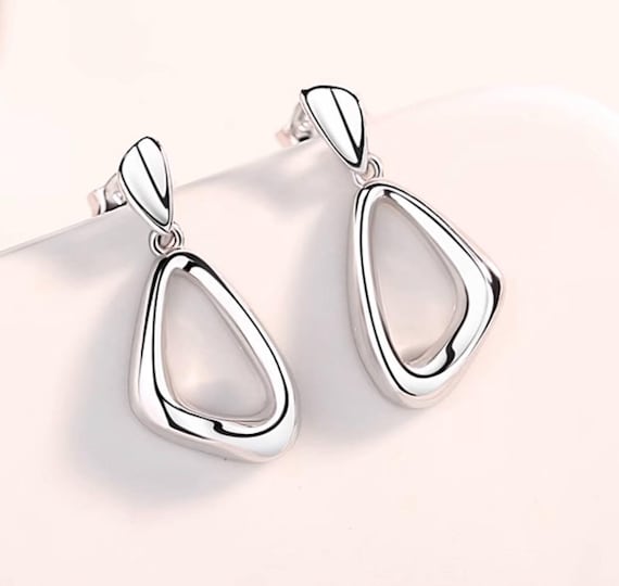 PT950 Platinum Solid Hollow Earrings – Triangle Drop Studs, White Gold-Color / Silver-Color, Delicate Dangling Design