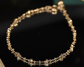 Pulsera con esfera de espejo de oro macizo de 18 quilates, cadena doble brillante con bolas cortadas, ajustable de más de 15 cm, joyería delicada de oro amarillo, Au750