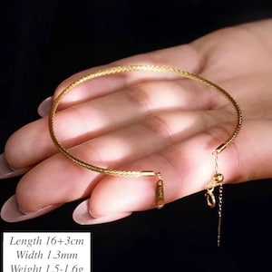 18K Solid Yellow Gold Thin Wire Bangle Bracelet – 1.3mm (0.05inches) Delicate Italian Jewelry for Stacking or Layering
