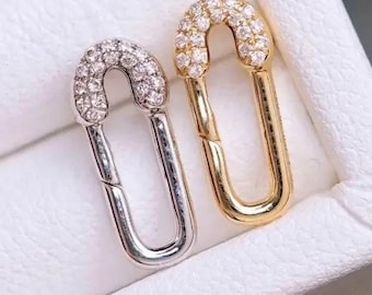 18K Solid Gold Oval Diamond Connector | Safety Pin Style Snap Clasp | Yellow Gold White Gold Bail Enhancer for Necklace Bracelet