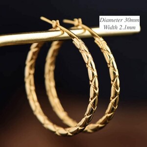 18K Solid Yellow Gold Hoop Earrings – Slim Hollow Hoops with X Pattern | Italian Jewelry, Round Large Volume Design