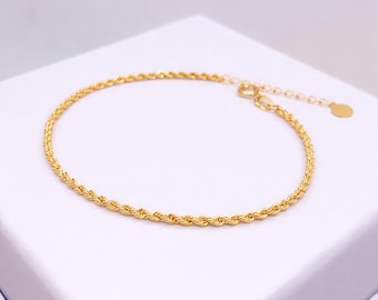 Pulsera de cadena de oro macizo de 18 quilates de 1,7 mm | Pulsera trenzada de oro amarillo | Ajustable de 15 a 18 cm