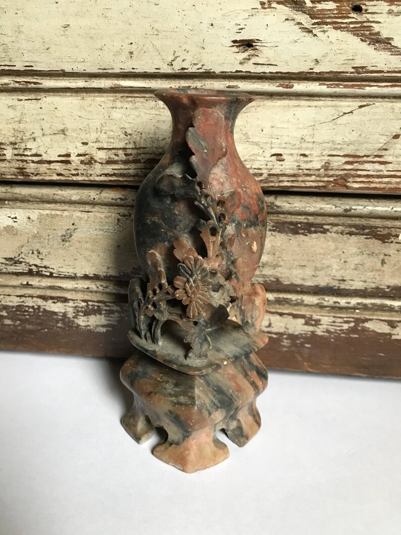 Antique Chinese Carved Soapstone Vase Shoushan Stone Flowers Etsy