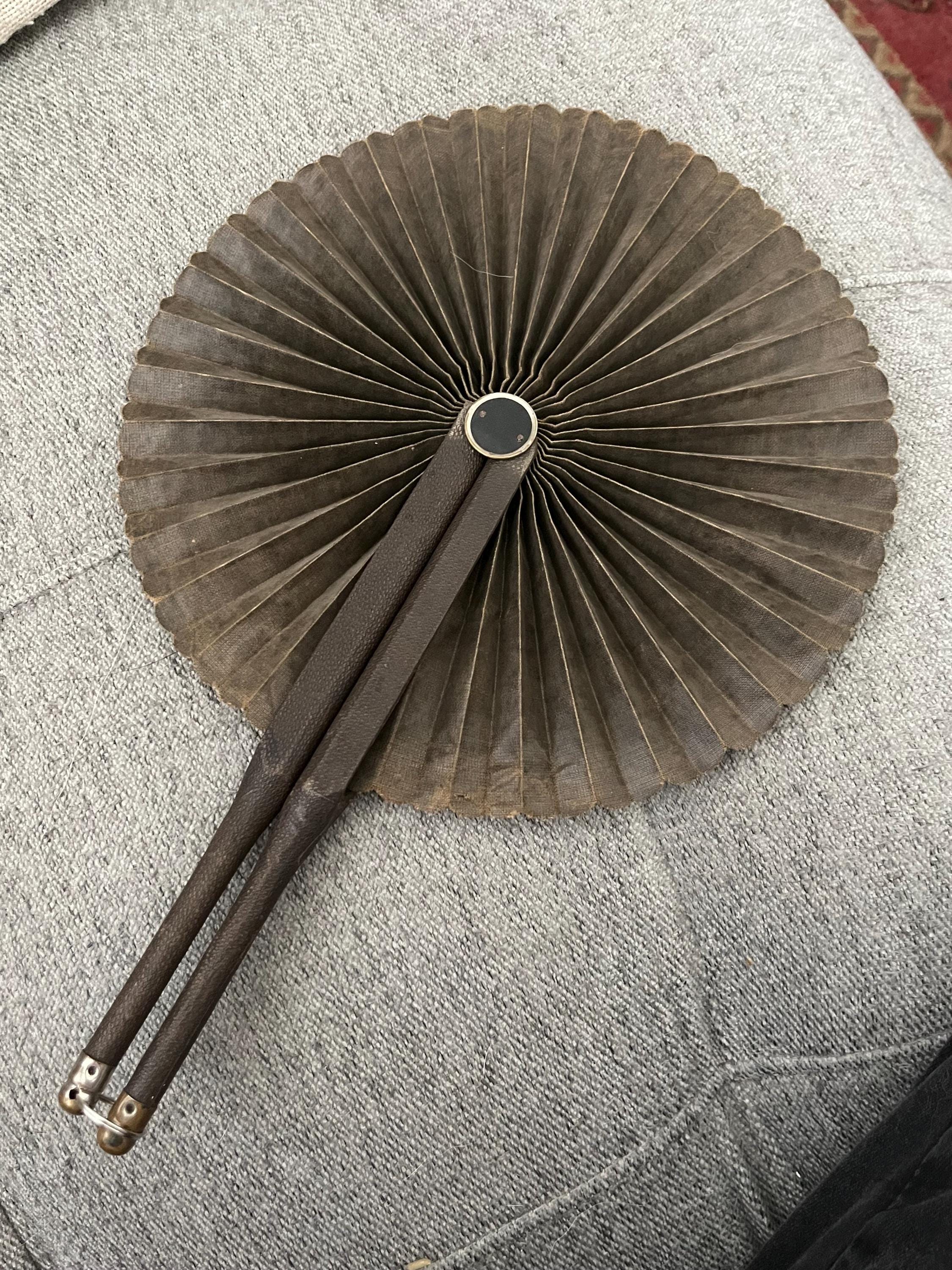 Antique Victorian Folding Cockade Fan - Black Pleated Silk with Leather Handles Victorian Cockade Fan, Round Mourning Folding Fan, Antique  main image 2