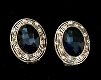 Vintage 90s Faceted Faux Blue Sapphire Earrings Clip Ons