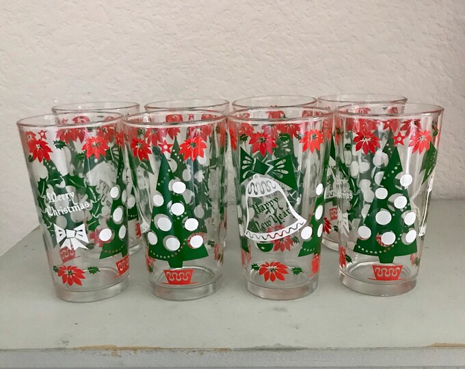 Set of 8 Christmas Holiday Drinking Glasses Hazel Atlas 1960s Etsy