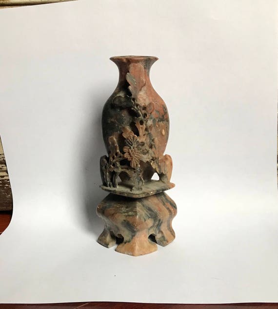 Antique Chinese Carved Soapstone Vase Shoushan Stone Flowers Etsy