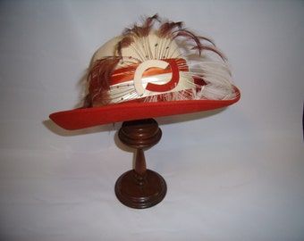 Vintage 60s 70s Color Block Wool Felt Hat Feathers Mr. Charles