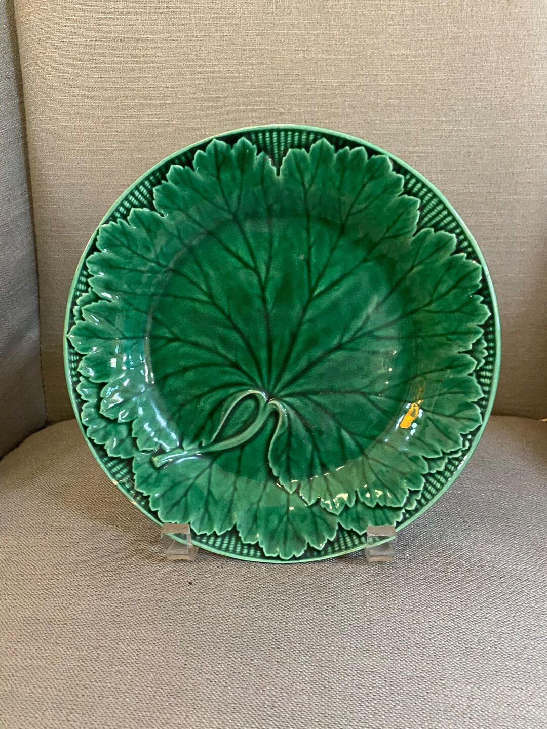 Vintage Majolica Green Leaf Plate Canbage Leaf & Basket Etsy