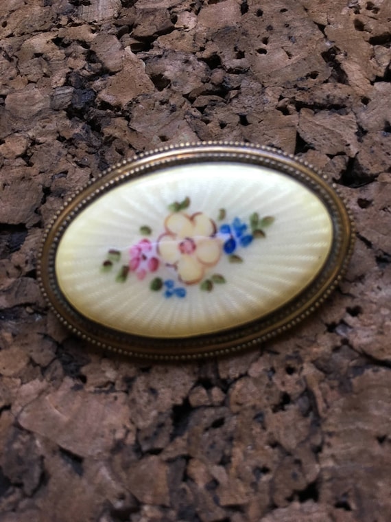 Antique French Guilloche Enamel Floral Brooch