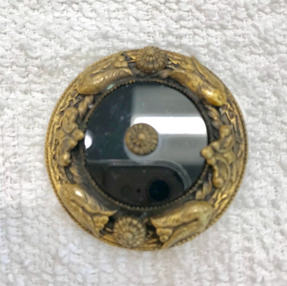Edwardian Black Onyx Mourning Brooch Pin Gold Fil… - image 1