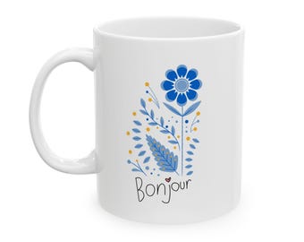 French Blue Floral Bouquet Mug | Ceramic Coffee Mug Bonjour
