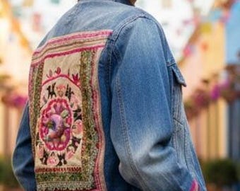 Upcycled Denim Jacket, Tapestry Back, Boho Festival Wearable Art
