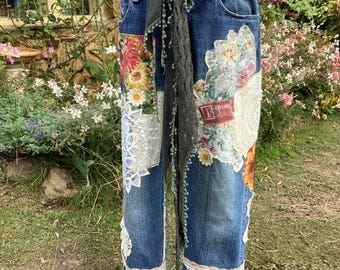 Upcycled Denim Jeans • Boho Patchwork  • Handmade Festival Pants •vintage fabrics , Wide Leg Boyfriend Jeans • One of One • Rare Red Ruby