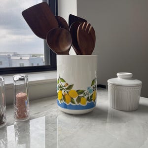 Decoupage Ceramic Crock | Utensil Holder | Hand Decorated Mediterranean Kitchen Decor | Ceramic Utensil Crock | Housewarming Gift
