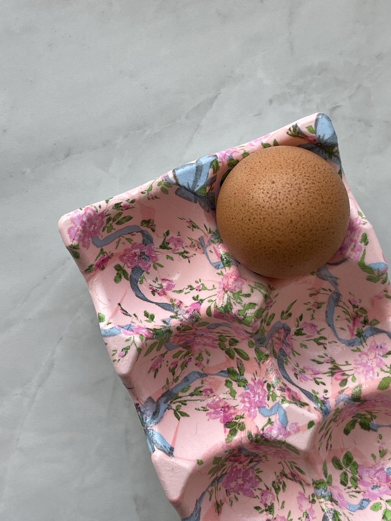 Peut inclure: Une bo&icirc;te &agrave; &oelig;ufs rose orn&eacute;e d'un motif r&eacute;p&eacute;titif de rubans bleu clair et de grappes de petites fleurs roses avec des feuilles vertes. Un &oelig;uf brun est plac&eacute; dans l'un des compartiments moul&eacute;s de la bo&icirc;te, qui pr&eacute;sente une finition textur&eacute;e.
