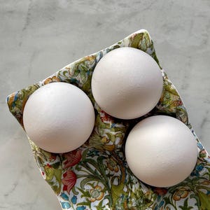 Peut inclure: Trois &oelig;ufs blancs mats et lisses sont nich&eacute;s dans un support en c&eacute;ramique d&eacute;coratif. Le support pr&eacute;sente un motif botanique d&eacute;taill&eacute; et color&eacute; avec des feuilles vertes, des fleurs orange et des touches bleues sur fond blanc.
