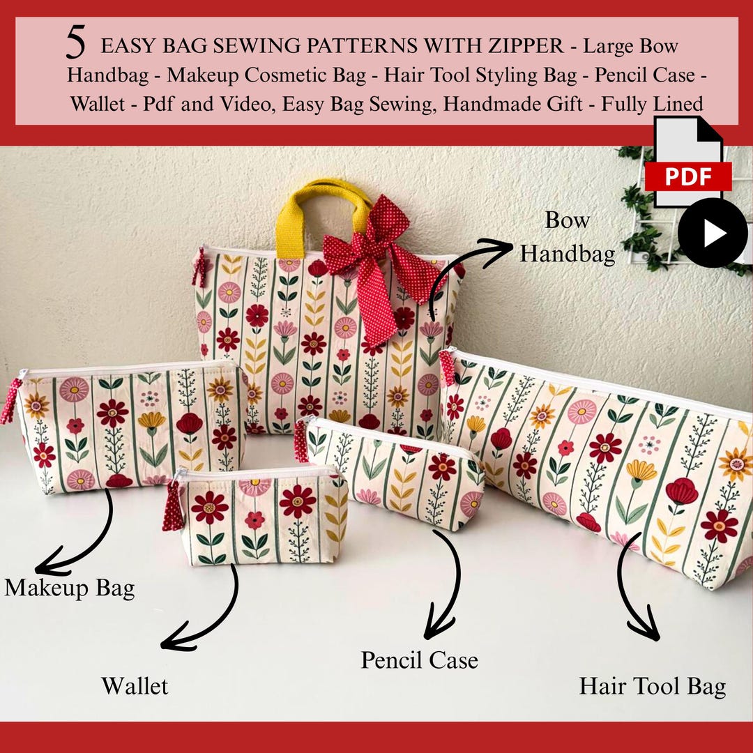 5 Bag Sewing Patterns PDF | Beginner Friendly Tote & Zipper Pouch ...