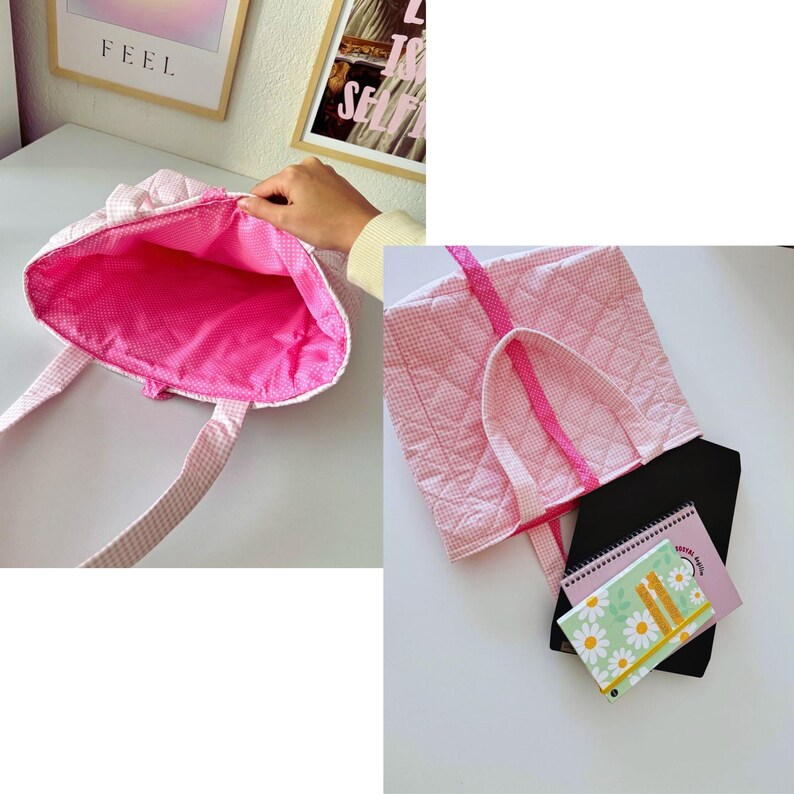 May include: A pink and white quilted tote bag with a pink lining. The bag is shown with a black notebook and a green and white notebook with yellow flowers and the text "Sweet Dreams" on the cover.